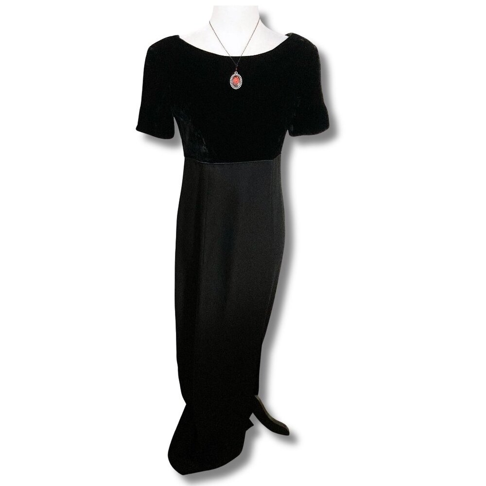 LIZ CLAIRBORNE Vintage black velvet and crepe short sleeve maxi dress ~ XS SMALL